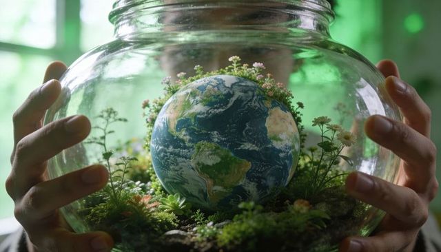 Hands cradling glass terrarium featuring miniature earth surrounded by lush green ecosystem