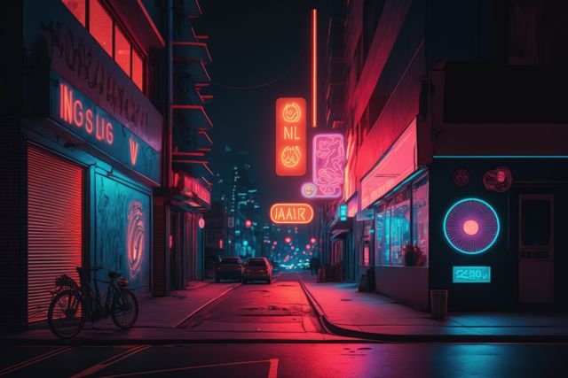 Street with trees, cars, buildings and neon lights with texts created using generative ai technology. Cityscape, color and light concept digitally generated image.