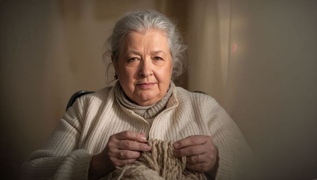 Senior woman knitting chunky wool blanket at home, cozy portrait showing hands and texture