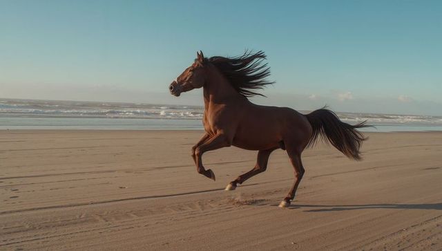 Majestic Horse Galloping Along Peaceful Ocean Shoreline