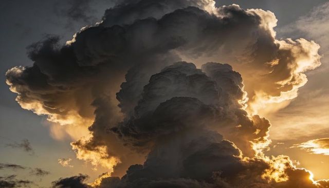 Dramatic Backlit Cumulonimbus Sunset with Golden Rimlight and Storm Turret Detail