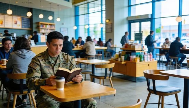 Soldier reading paperback while drinking coffee in bright modern cafe with wooden tables