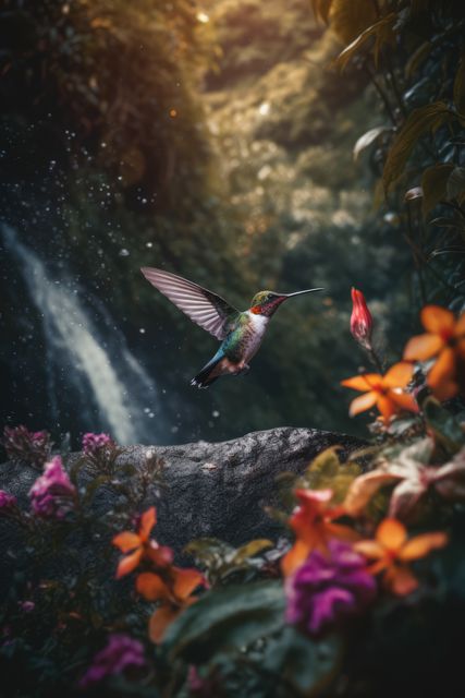 Hummingbird is hovering mid-air near vibrant, colorful flowers in a lush, green rainforest. Majestic waterfall in background, creating a vibrant, serene scene. Perfect for nature documentaries, promotional material for eco-tourism, conservation campaigns, or wildlife photography collections.