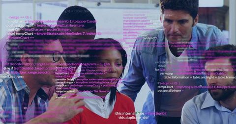 Software team collaborating around laptop with code overlay for tech brainstorming
