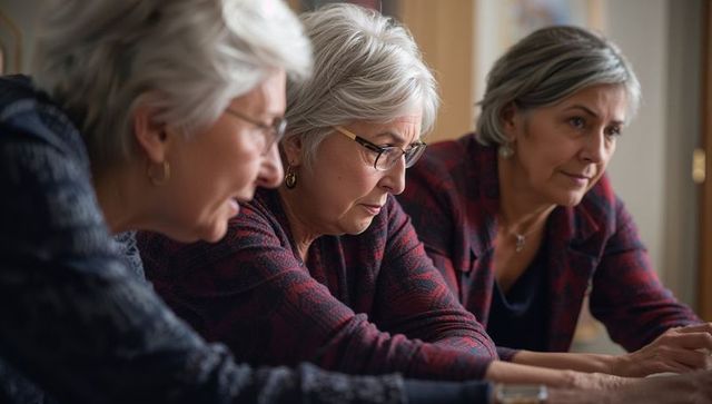 Three senior women leaning and studying documents at cozy dining nook, focused discussion