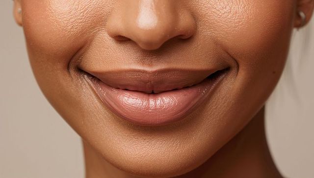 Closeup smiling woman with warm brown skin wearing pink glossy lipcolor and stud earring