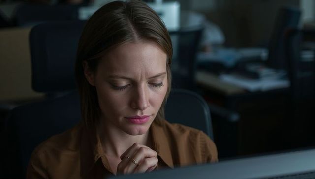 Female professional concentrating at monitor in dim office workstation, low-key focus