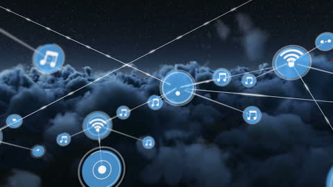 Digital Network Connection Amid Cloudy Sky with Icons