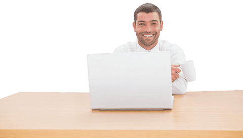 smiling businessman with coffee cup at desk on transparent background - Download Free Stock Videos Pikwizard.com