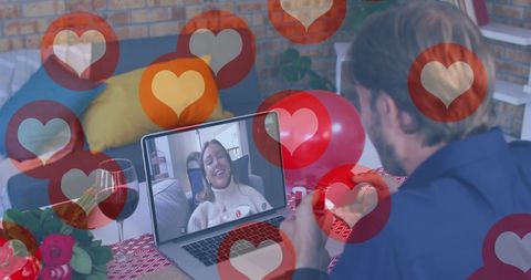 Couple enjoys romantic virtual date with heart icons