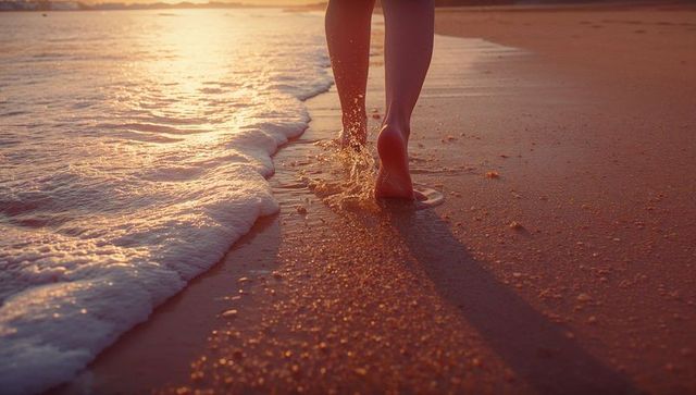 Peaceful Walk on Sandy Shoreline during Sunset