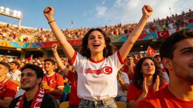 Young turkish supporter cheering and raising arms in packed stadium with flags and joy