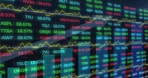 Neon trading dashboard displaying live tickers, percentages and yellow line charts