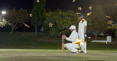Night cricket players celebrating victory with golden stars over floodlit pitch