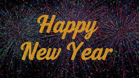 Golden glitter happy new year text against colorful fireworks and confetti burst