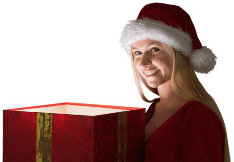 Transparent Blonde Woman Holding Gift Box in Santa Hat