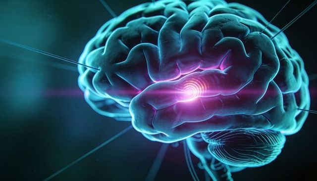 Neural Stimulation Concept 3D Brain Render with Magenta Activation Node and Probes