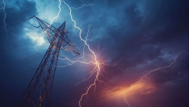 Lightning striking steel lattice tower beneath stormy skies