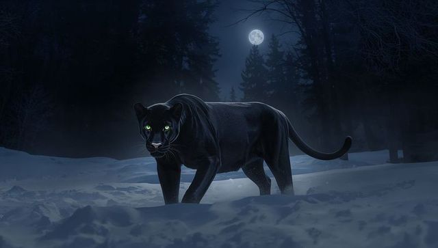 Black panther prowling moonlit snowy forest, full moon, stealth predator with green eyes
