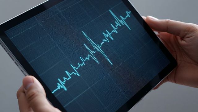 Hands holding tablet displaying cyan ecg waveform on dark grid medical monitor