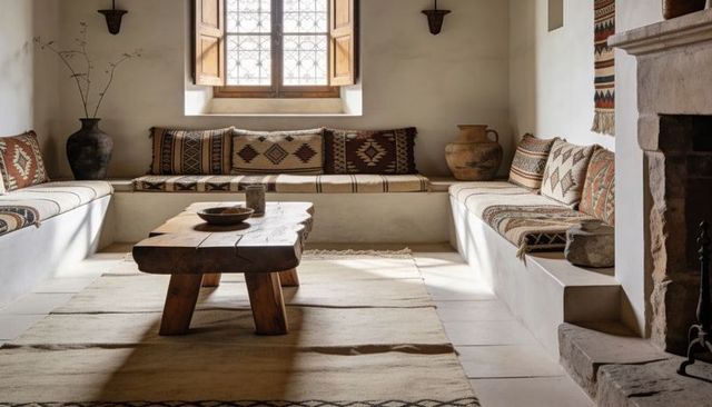 Sunlit mediterranean lounge with kilim cushions, rustic low wooden coffee table