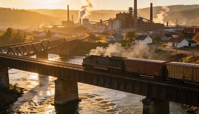 Diesel locomotive crossing steel viaduct over river at golden hour with smokestacks