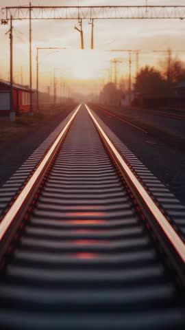 Dolly moving toward sunrise on rural railway with glowing rails vertical video