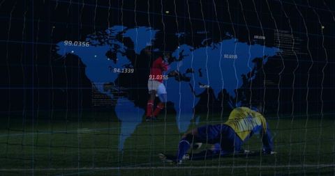 Dynamic Nighttime Soccer Action with Digital World Map Overlay