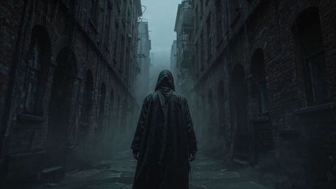 Hooded assassin figure in misty alleyway conveying urban mystery