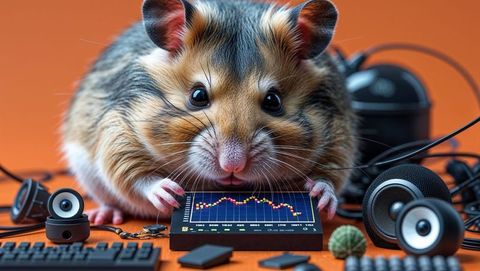 Inquisitive hamster analyzing financial graph amidst gadgets