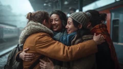 Friends Reuniting on Snowy Train Platform Embracing Warm Winter Hug