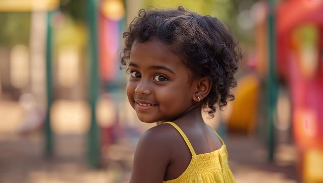 Smiling preschool girl turning head toward camera on sunny playground wearing yellow dress
