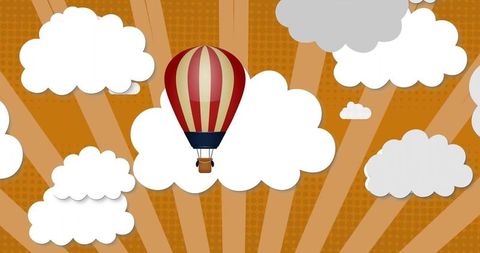 Red cream striped hot air balloon soaring over retro orange sunburst sky paper-cut clouds