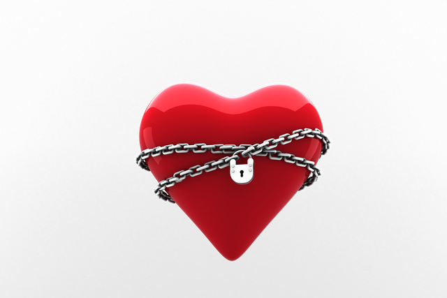 Vector showing a red heart wrapped in chains and secured with a padlock, suggesting the concept of protected or unrequited love. Ideal for use in romantic designs, Valentine's Day cards, relationship themes, secure dating applications, and love-related symbols. The image's detailed binding can represent secure or hindered emotions, making it versatile for varied expressive compositions.