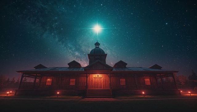 Illuminated wooden dome building under starry milky way sky