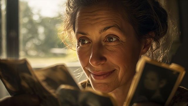 Middle-aged woman holding old photographs and recalling memories by sunlit window