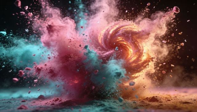 Swirling Magenta Cyan Powder Vortex with Golden Spiral Energy Burst in Motion