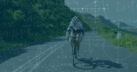 Cyclist Surrounded by Complex Mathematical Formulas on Open Road