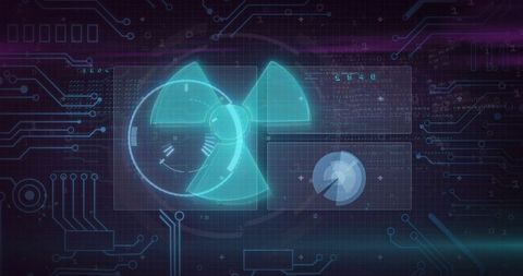 Holographic radiation trefoil hud with scanning rings and circuit grid interface