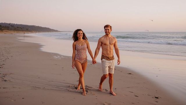 Sunset beach couple walking and smiling while holding hands on wet sand with waves