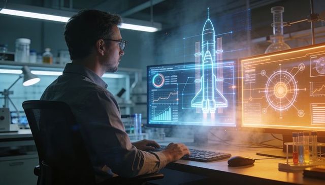 Engineer designing holographic rocket prototype on dual screens in high-tech laboratory