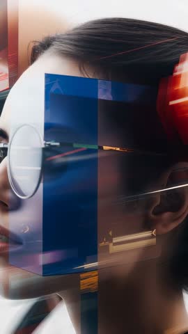 Asian woman with glasses gazing, cube overlay shifting with moving light bands
