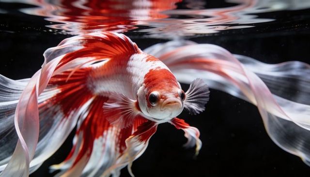 Red and white betta fish gliding near surface with flowing silk fins and ripples