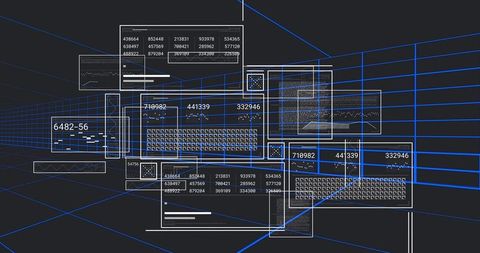 Incoming data pulse streaming through dashboard grid with dynamic dot-matrix overlays