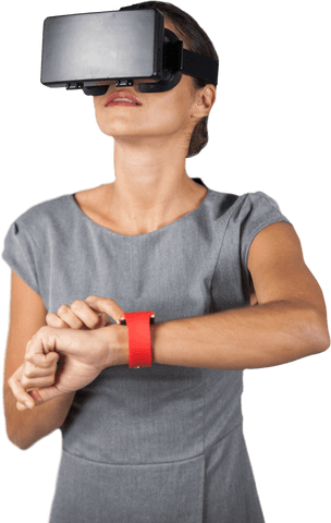 Businesswoman with VR Headset and Smartwatch Transparent Background
