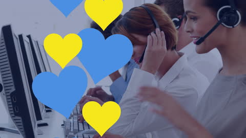 Customer Service Team Collaboration in Office with Creative Heart Graphics