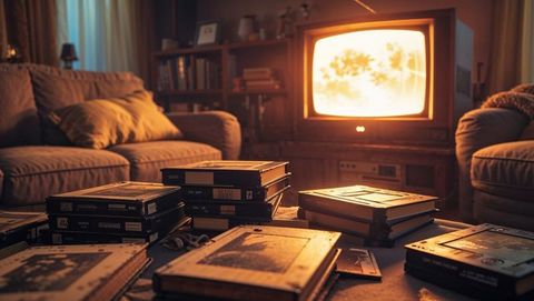 Cozy living room with vhs stack and retro tv glow, home movies vibe