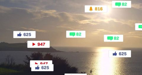 Serene seascape with social media interaction emblems