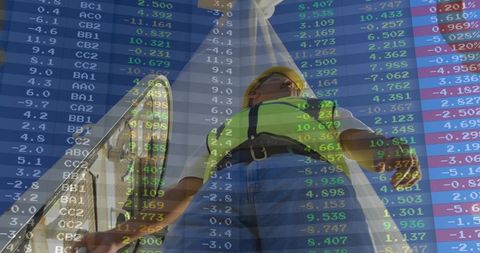 Construction worker overlaid with financial data visualization