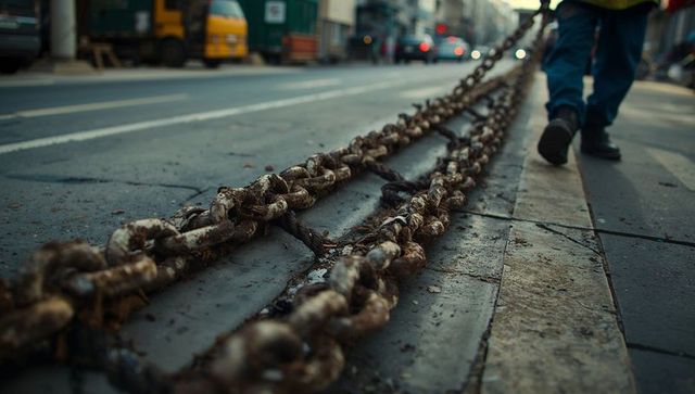 Worker dragging heavy rusted chains along urban curb industrial maintenance gritty texture